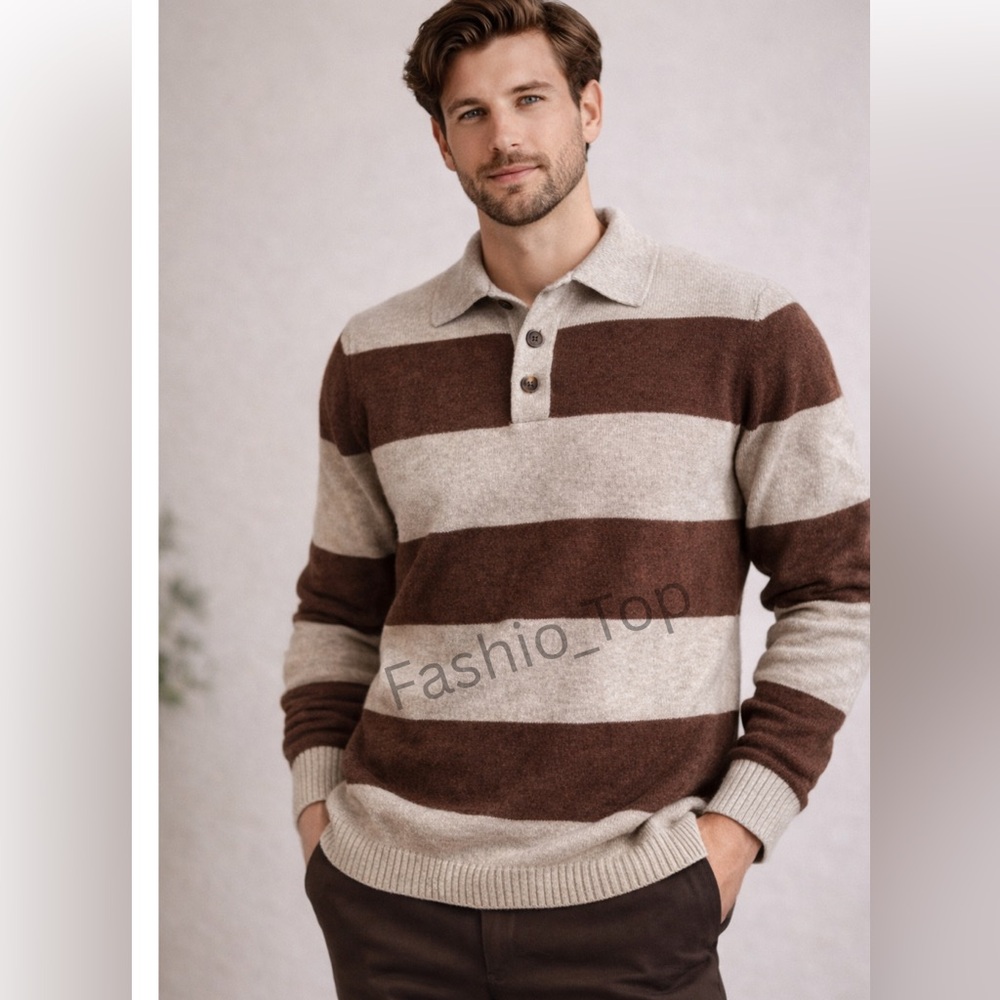 J. CREW Rugged Merino Rugby Sweater in Stripe Brown Tan Sz M $158